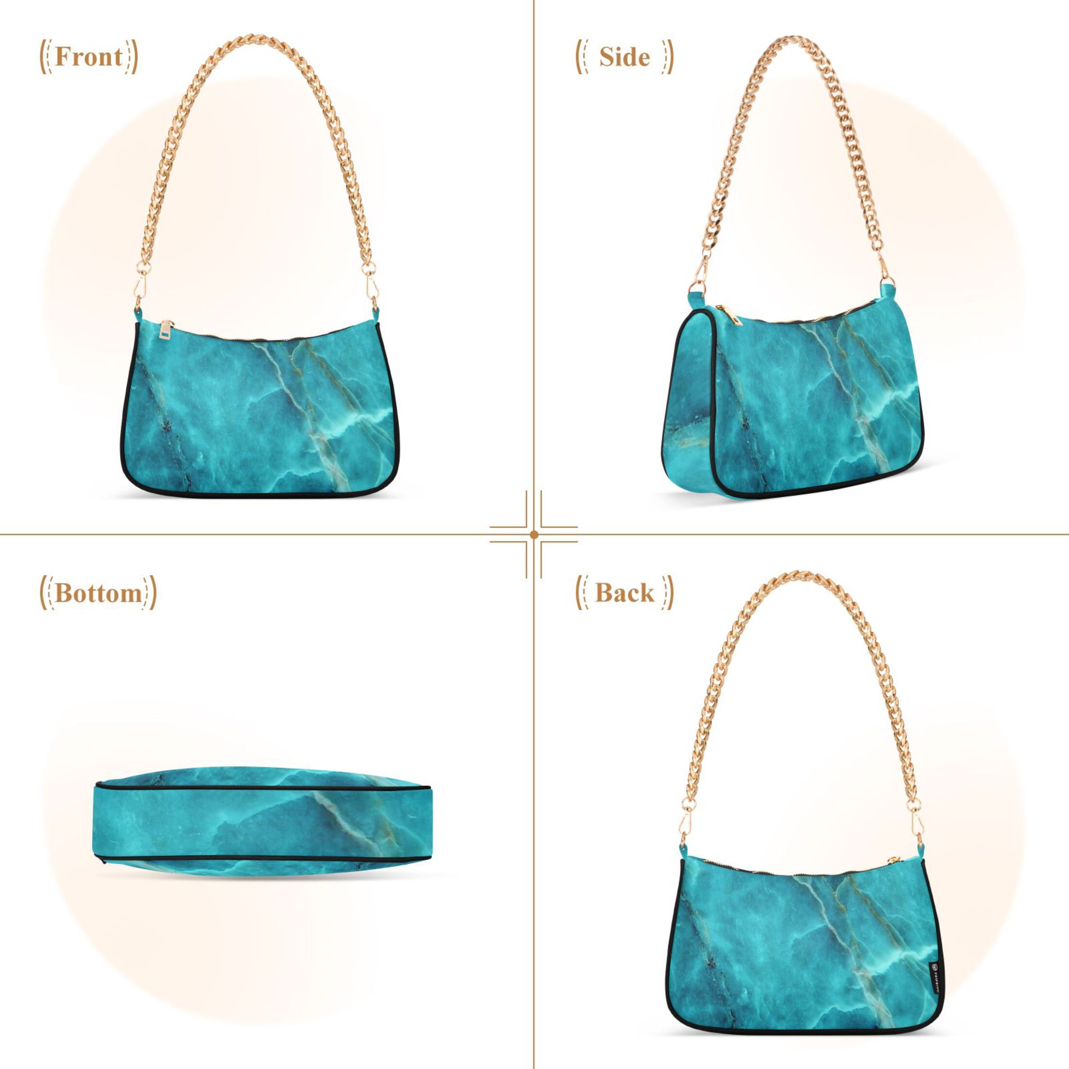 Teal Green Marble Texture Womens Chain Shoulder Bag Tote Handbag Clutch Hobo Purse with Zipper for Travel Casual