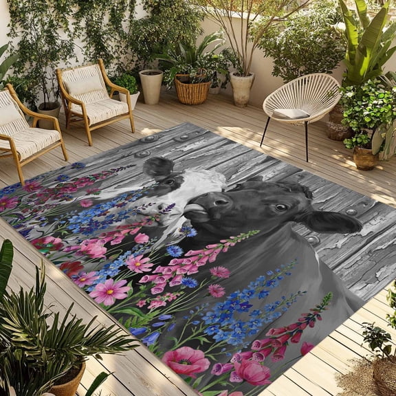 Black Cows Outdoor Rug 5x7 Ft - Reversible Patio Rug Outdoor Camping Rugs, Country Pink Spring Floral Elegant Farmhouse Wooden Indoor Outdoor Area Rugs, Non-Slip Outdoor Carpet Runner for Deck/Porch