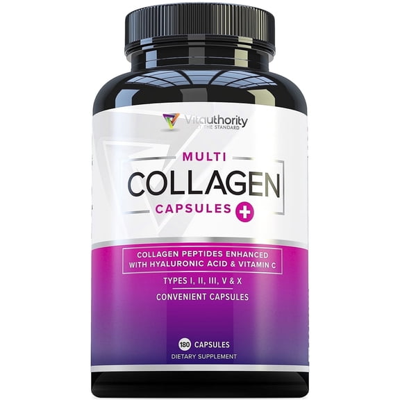 Vitauthority Multi Collagen Peptides Supplement, Hydrolyzed Collagen Vitamin Pills with Vitamin C and Hyaluronic Acid, 180 Capsules