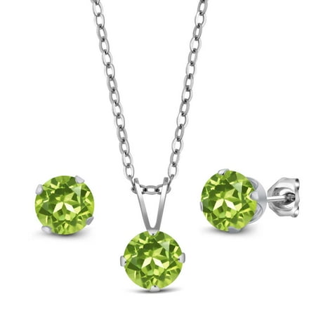 2.55 Ct Round Green Peridot 925 Sterling Silver Pendant Earrings Set With Chain