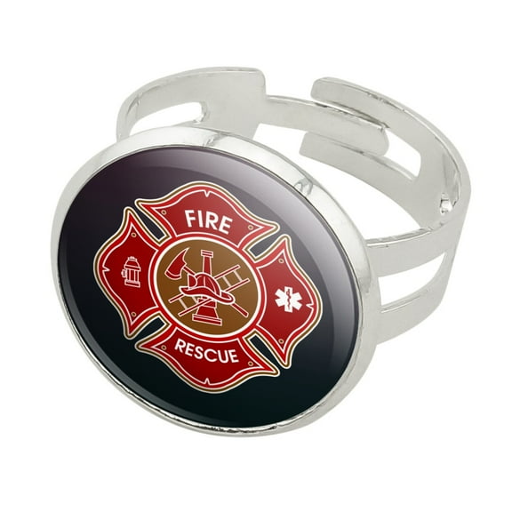 Firefighter Fire Rescue Maltese Cross Silver Plated Adjustable Novelty Ring