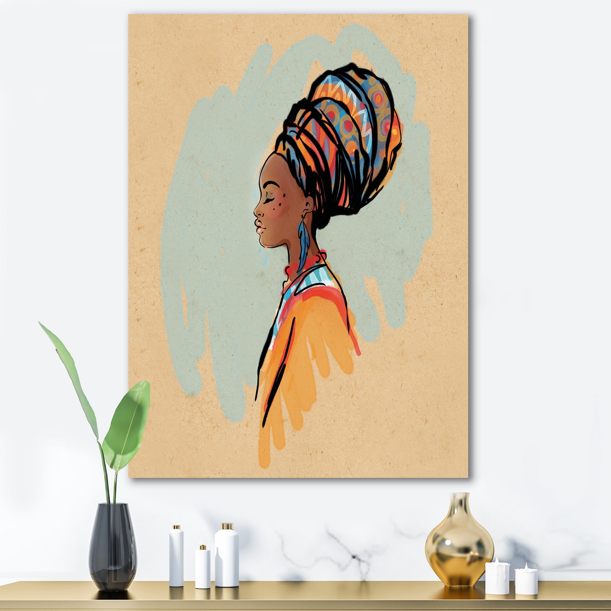 Designart ' Portrait of African American Woman With Turban II ' Modern Canvas Wall Art Print