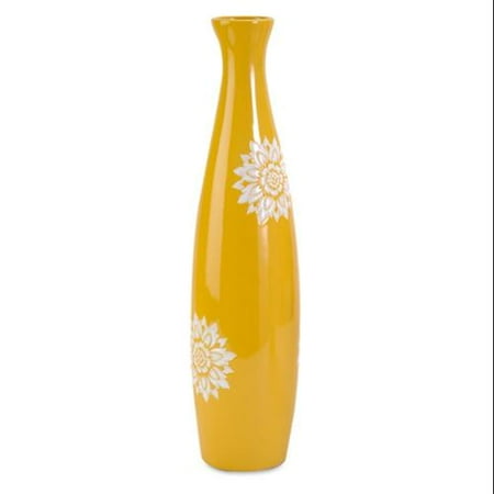 20.25" Tall Lemon Yellow Ceramic Vase with Hand Painted White Flower Design