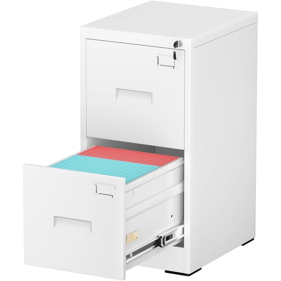 2 Drawer File Cabinet, White Metal Filing Cabinet with Lock, Lockable Vertical File Office Cabinet for Hanging Letters/Legal/A4, Assembly Required
