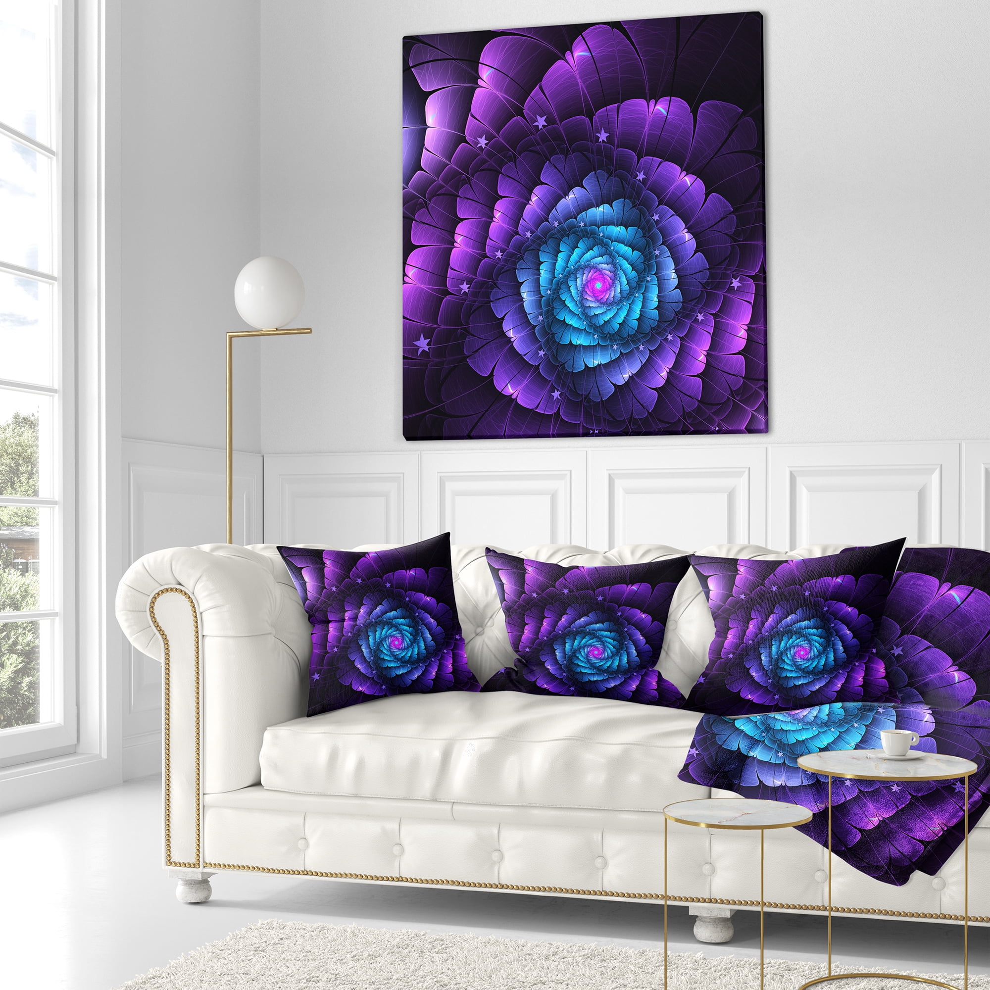 Designart Purple Fractal Flower in Dark - Floral Throw Pillow - 18x18