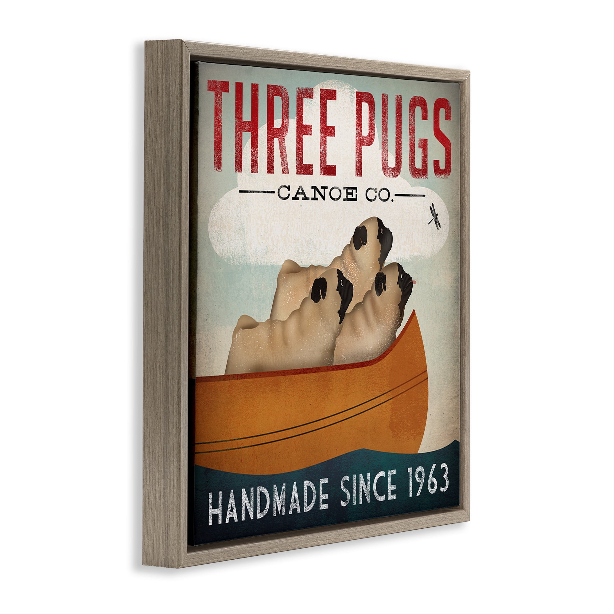 Stupell Industries Vintage Three Pugs in Canoe Animals & Insects Painting Brown Floater Framed Canvas Art Print Wall Art, 25 x 25