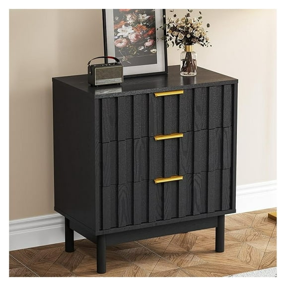 3 Drawer Nightstand, Modern Fluted Chest of Drawers, Black Bedroom Storage