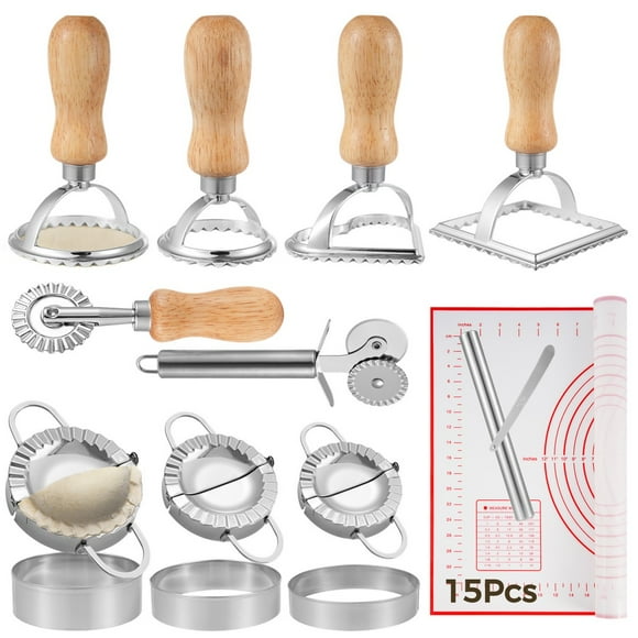 Dumpling Maker Kit Set, 15 PCS Empanadas Press, Ravioli Cutter, Pasta Cutter Wheel And Baking Mat For Ravioli, Stainless Sharp Dumpling Making Tool