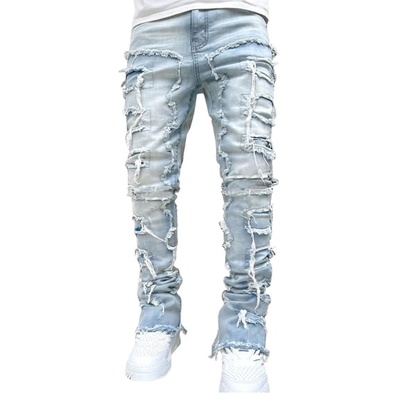 Mens Stacked Jeans Y2k Slim Fit Skinny Ripped Jeans Distressed Destroyed Denim Pants Hip Hop Jeans
