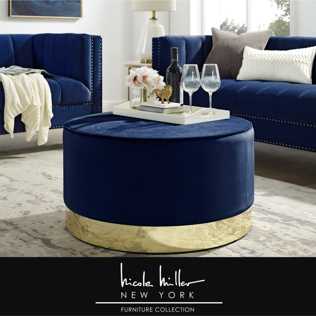 Nicole Miller Cocktail Ottoman Anson Velvet Upholstered Metal Trim Base Glam Style, Navy/ Gold