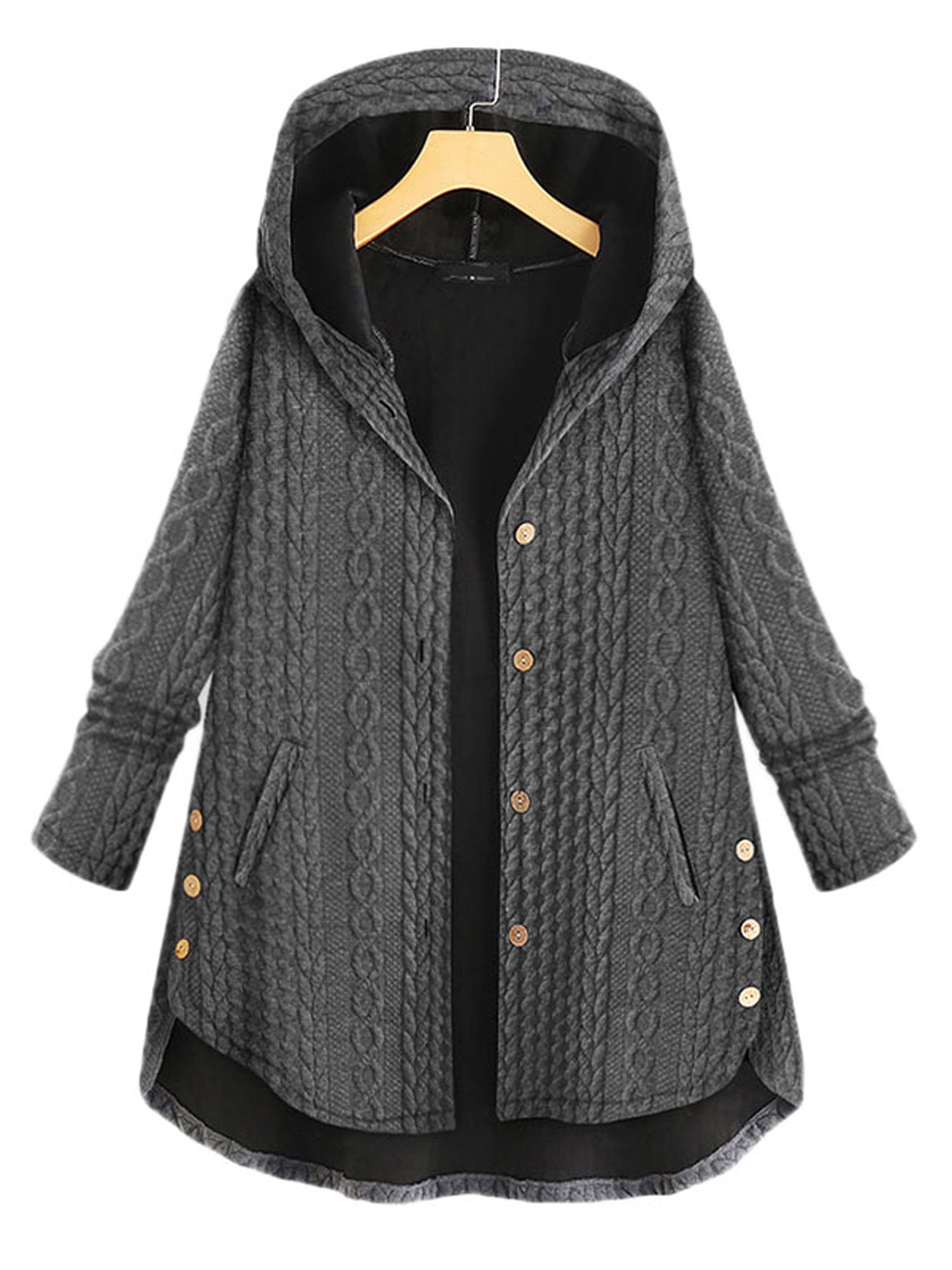 Wodstyle Women's Cable Knit Sweater Ladies Casual Plain Hooded Button