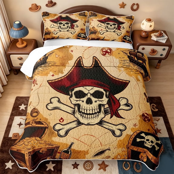 meiyoeat Vintage Pirate Skull Quilt Full,Treasure Chest Print Full Bedspread Sets For Boys,Brown Black,3-Piece,1 Coverlet and 2 Pillowcases