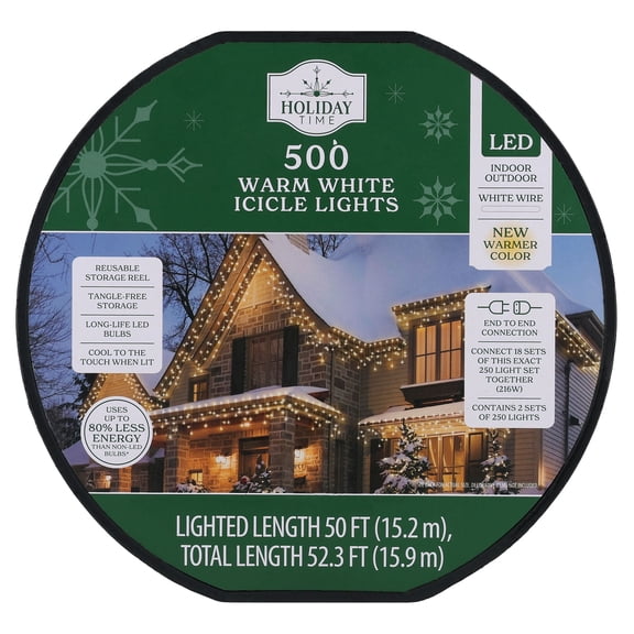 Indoor/Outdoor 500-Count LED Christmas Icicle Lights, Warm White, White Wire, 50', by Holiday Time