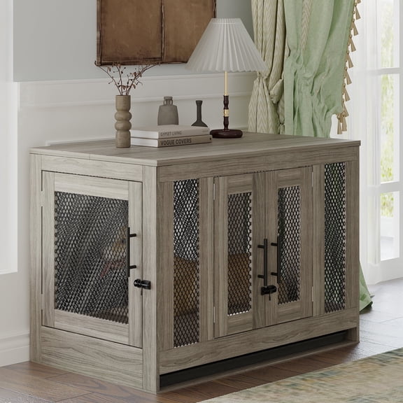 Mowpex 38.5" Wooden Furniture Style Dog Crate with Flip-up Top and 3 Doors, Gray