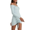 thumbnail image 6 of Miluxas Women's off the Shoulder Mini Dress Ruched Drawstring Long Sleeve Bodycon Dresses Elegant Ruched Party Club Dress for Women Light Blue, 6 of 8