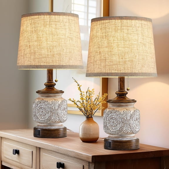 Farmhouse Bedside Table Lamps Set of 2 19.5 Inches Rustic Brown and White Resin with Floral Carving and USB Ports