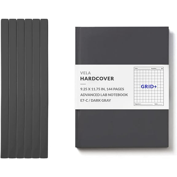 Vela Sciences E7 Expanded Hardcover Lab Notebook, 9.25 x 11.75 in (23.5 x 30 cm), 144 Pages, Permanent Bound, 70lb Heavyweight Paper (6-Pack, Grid  )
