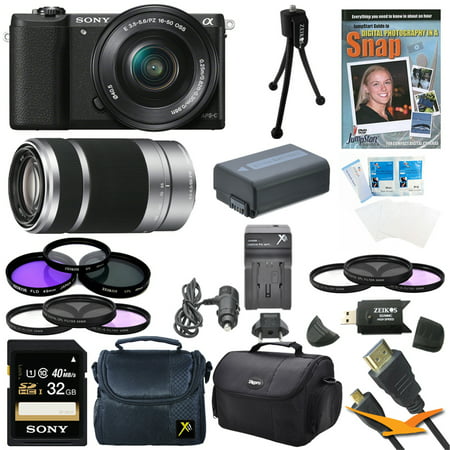 Sony a5100 ILCE5100L/B ILCE5100L ILCE5100 ILCE5100lb 16-50mm Interchangeable Lens Camera with 3-Inch Flip Up LCD (Black) Bundle with SEL 55-210 Zoom Lens (Silver), Sony 32GB Class 10 SD card, Spare B