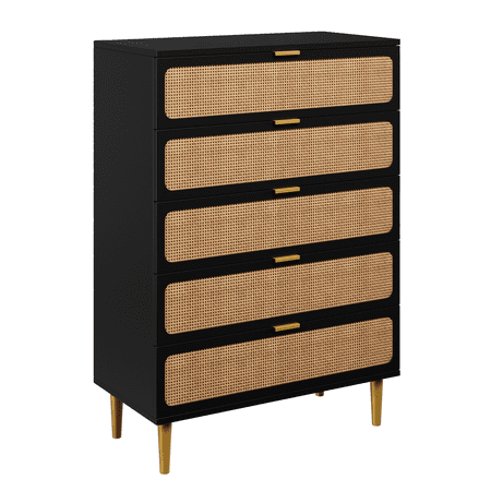 Modern Rattan 5 Drawer Dresser - Large Wooden Chest with Deep Wide Drawers - Spacious Top Storage Cabinet for Bedroom Hallway Nursery Kids Room - Entryway Organizer