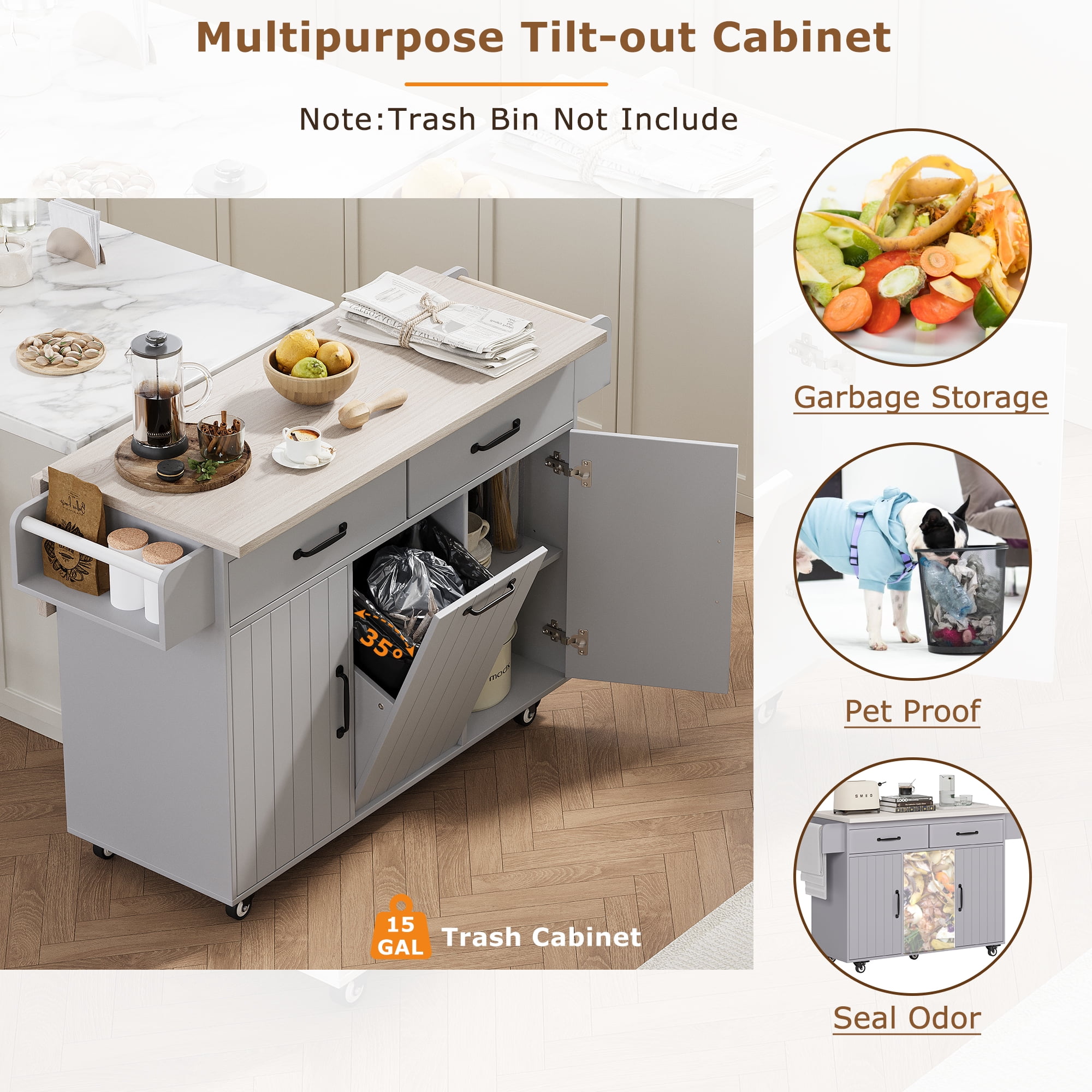 Aukfa Rolling Kitchen Island Table on Wheels with Drop Leaf & Trash Can, Storage Cabinet, Gray