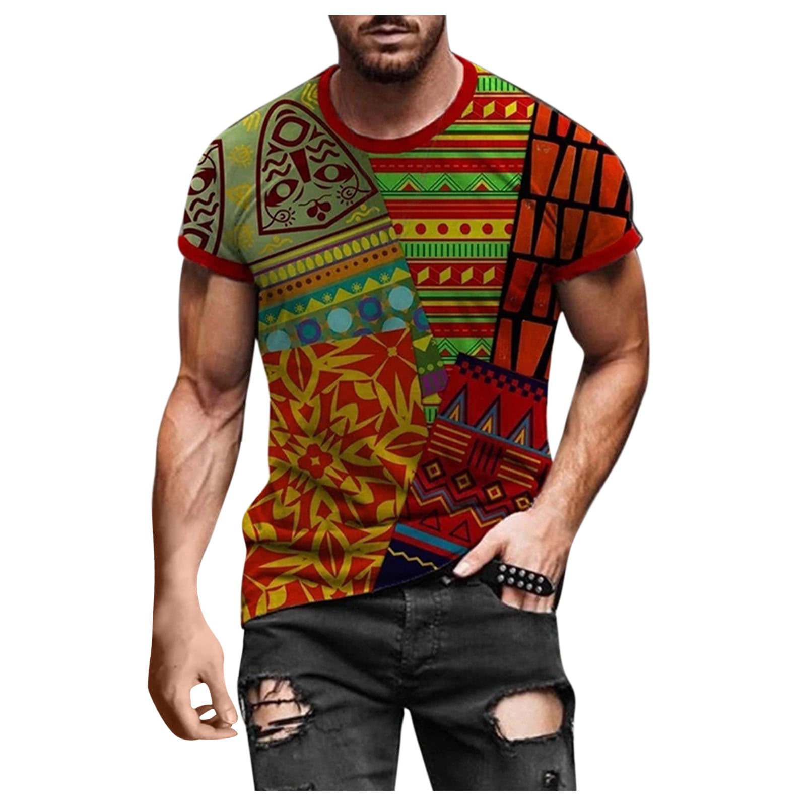 Coolred-Men Tribal Aztec Print Casual Print Shirt Button Fashion T-Shirts