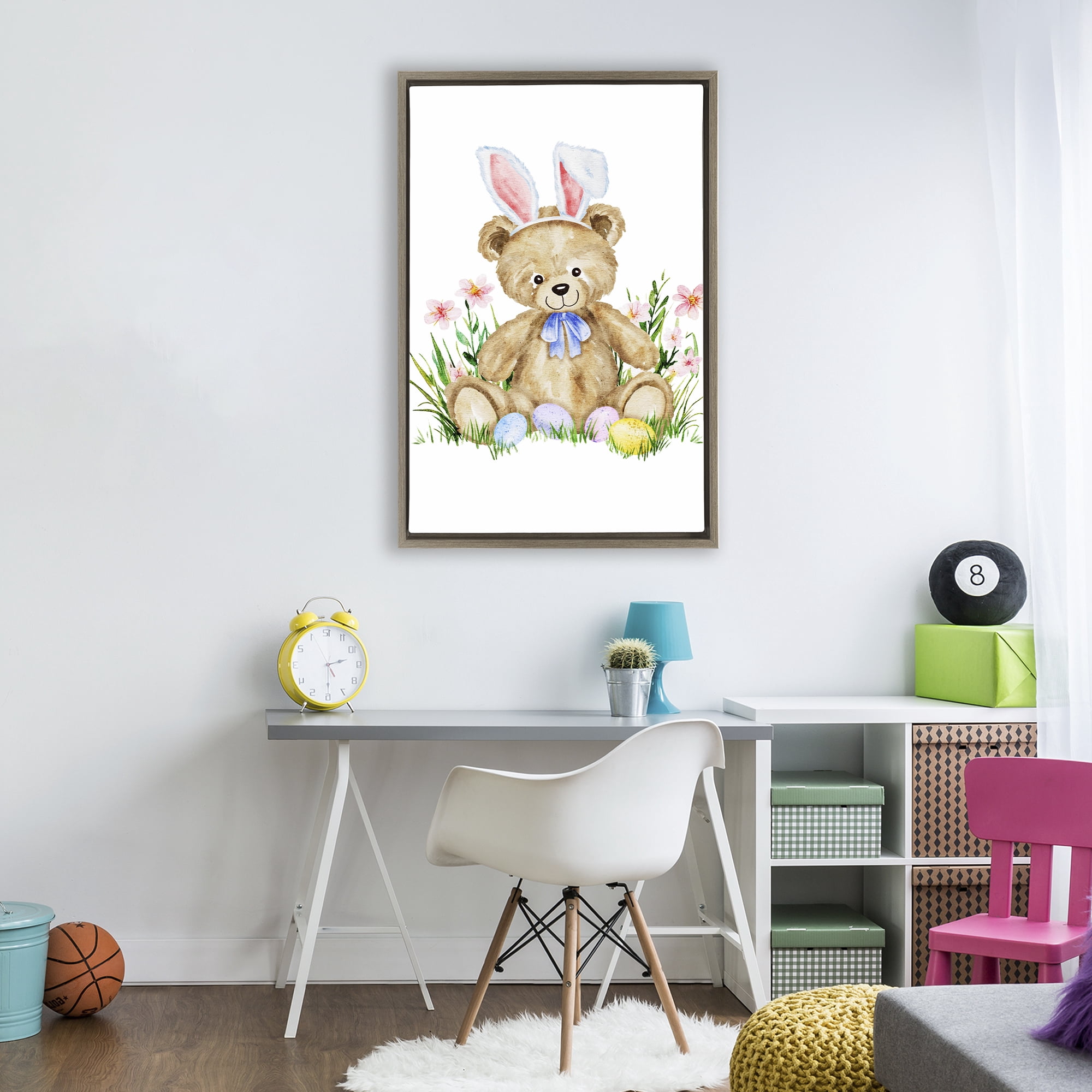 Springy Easter Teddy Bear Brown Framed Floater Canvas Wall Art, design by Amy Hall