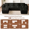 thumbnail image 3 of 133" Cloud Couch, Black Boneless Sectional Sofa for Living Room, 6-Seater U-Shaped Sofa, Corduroy Deep Seat with 2 Ottomans and Cup Holders, No Assembly, 3 of 14