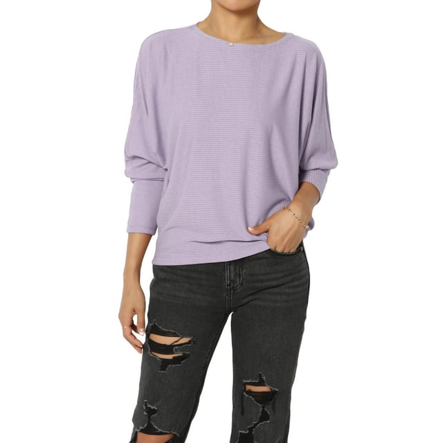 TheMoogan Women's Closet-Essential Drapey 3/4 Dolman Sleeve Boat Neck Relaxed Ribbed Top