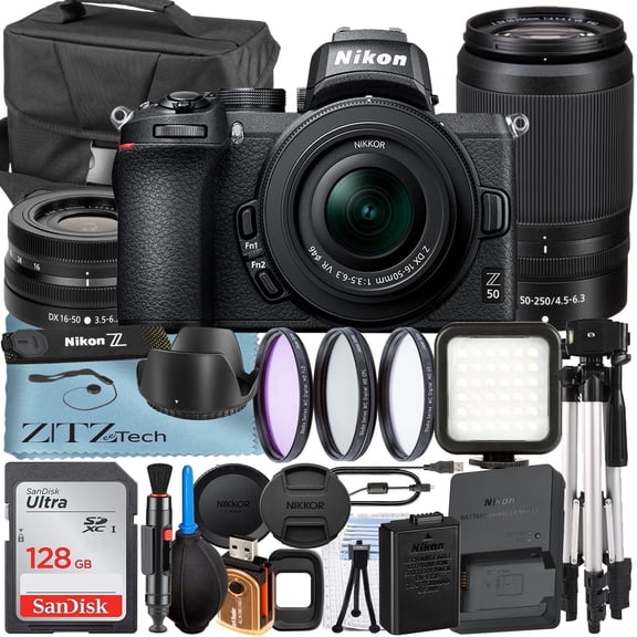 Nikon Z 50 Mirrorless Camera with NIKKOR 16-50mm   DX 50-250mm Zoom Lens   SanDisk 128GB Card   Case   3 Pieces Filter   Flash   ZeeTech Accessory Bundle