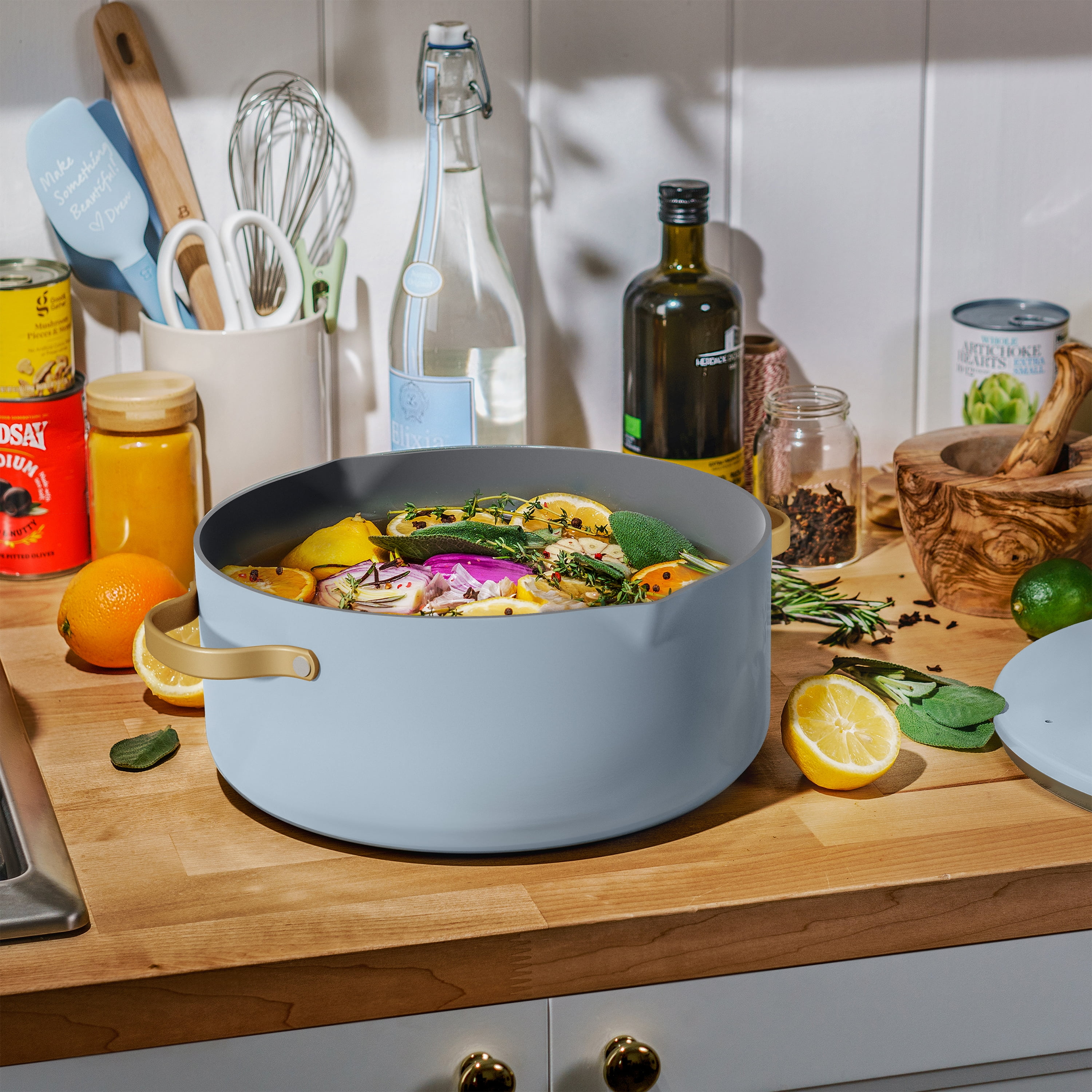 Beautiful 8 Quart Ceramic Non-Stick Stock Pot with Strainer Lid, Cornflower Blue by Drew Barrymore