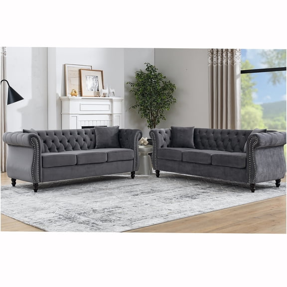 JERFIT Modern Chesterfield Sofa Set, Grey Velvet 3 3 Seater Living Room Couch with Nailhead Trim
