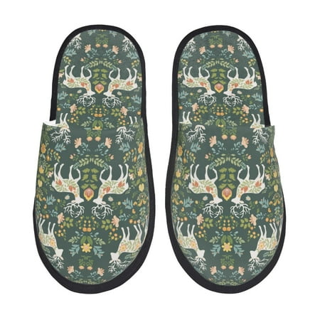 Balery Deer And Flowers Slient Indoor Furry Fleece Comfort House Shoes Soft Non-Slip Home Shoes Cotton slippers House Slippers-- Large