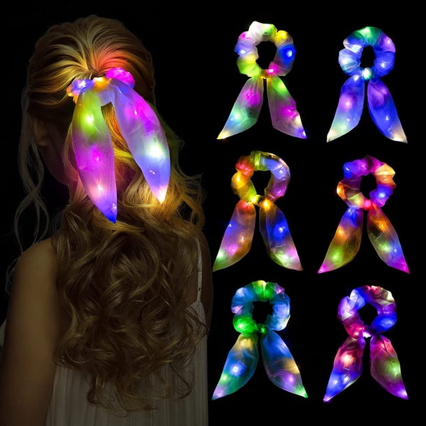 6 piezas de coleteros con luz LED, bandas elásticas iluminadas para el pelo, coleteros para niñas, coleteros luminosos para cola de caballo para neón, Halloween, Navidad, cumpleaños, Año Nuevo