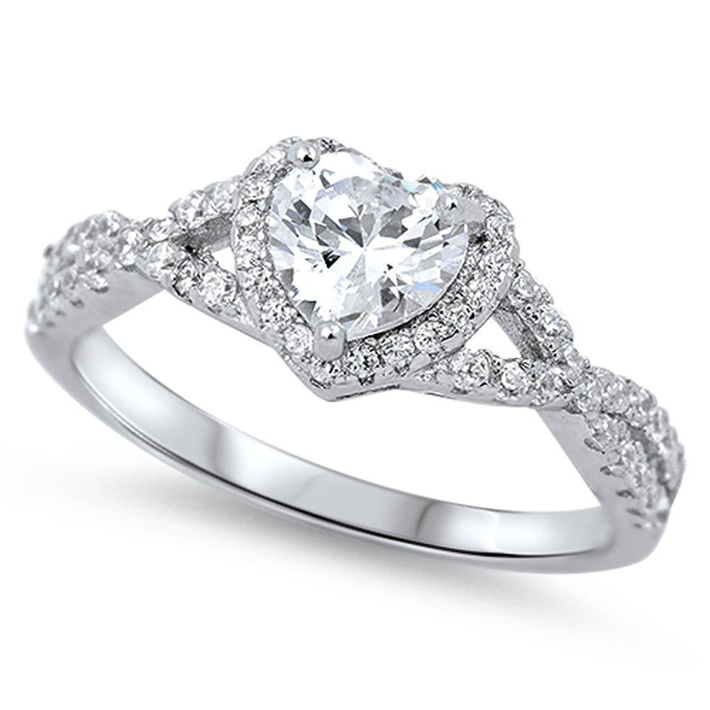 Silver Engagement Ring Promise Ring Double Halo Style With CZ