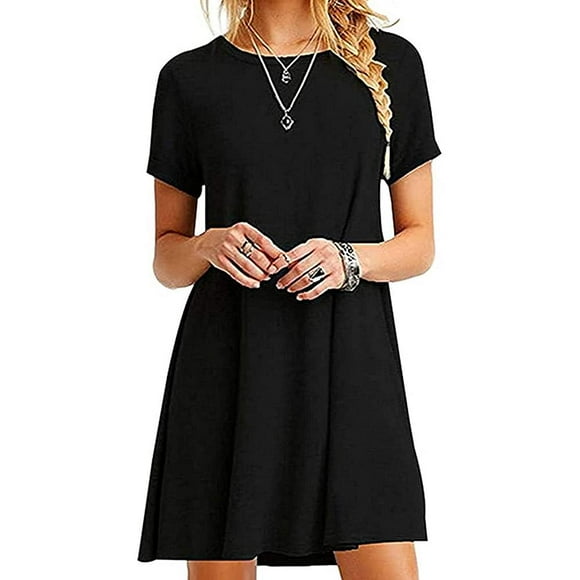 Coloody Womens Casual Round Neck Short Sleeve Tshirt Dress Loose Summer Tank Tunic Dress - Black L