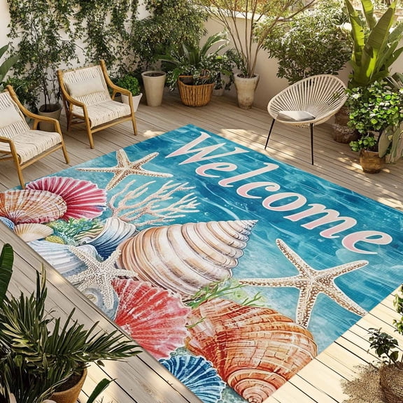 Coastal Ocean Outdoor Rug 3x5 Ft - Reversible Patio Rug Outdoor Camping Rugs, Summer Wave Starfish Coral Shell Washable Indoor Outdoor Area Rugs, Non-Slip Outdoor Carpet Runner for Deck/Porch