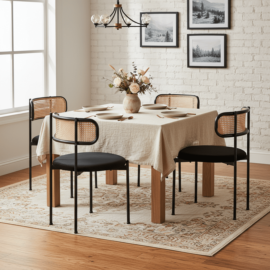 Noble House Set of 4 Velvet Dining Chairs with PE Rattan Backrest, Sturdy Metal Legs,Black+Natural