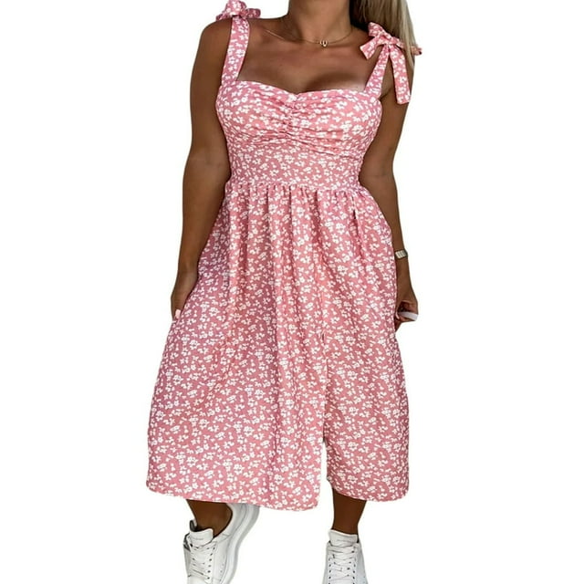 Robe Sans Manches Florale avec Bandage Bretelles Spaghetti et Design Split pour les Femmes