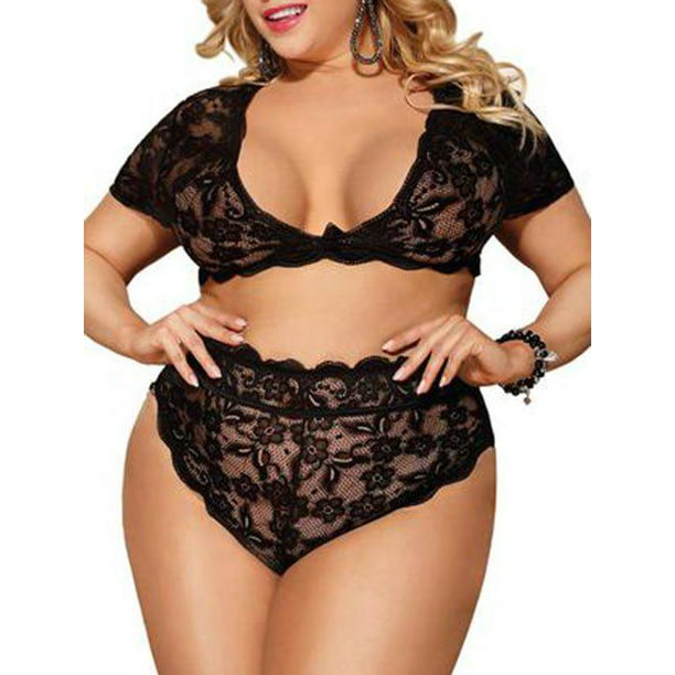 Conjunto Brasier Festoneado de Talla Extra con Encaje con Mangas Cortas Rosegal Conjuntos de lencería de talla grande
