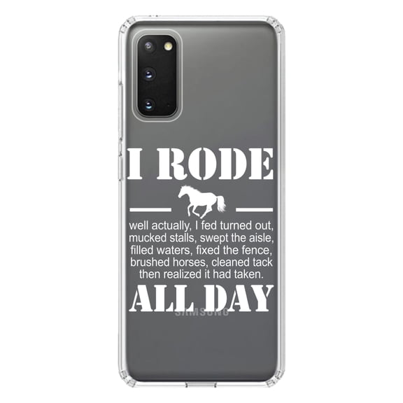 DistinctInk Clear Shockproof Hybrid Case for Galaxy S20 / S20 5G (6.2" Screen) - TPU Bumper Acrylic Back Tempered Glass Screen Protector - I Rode All Day - Horse