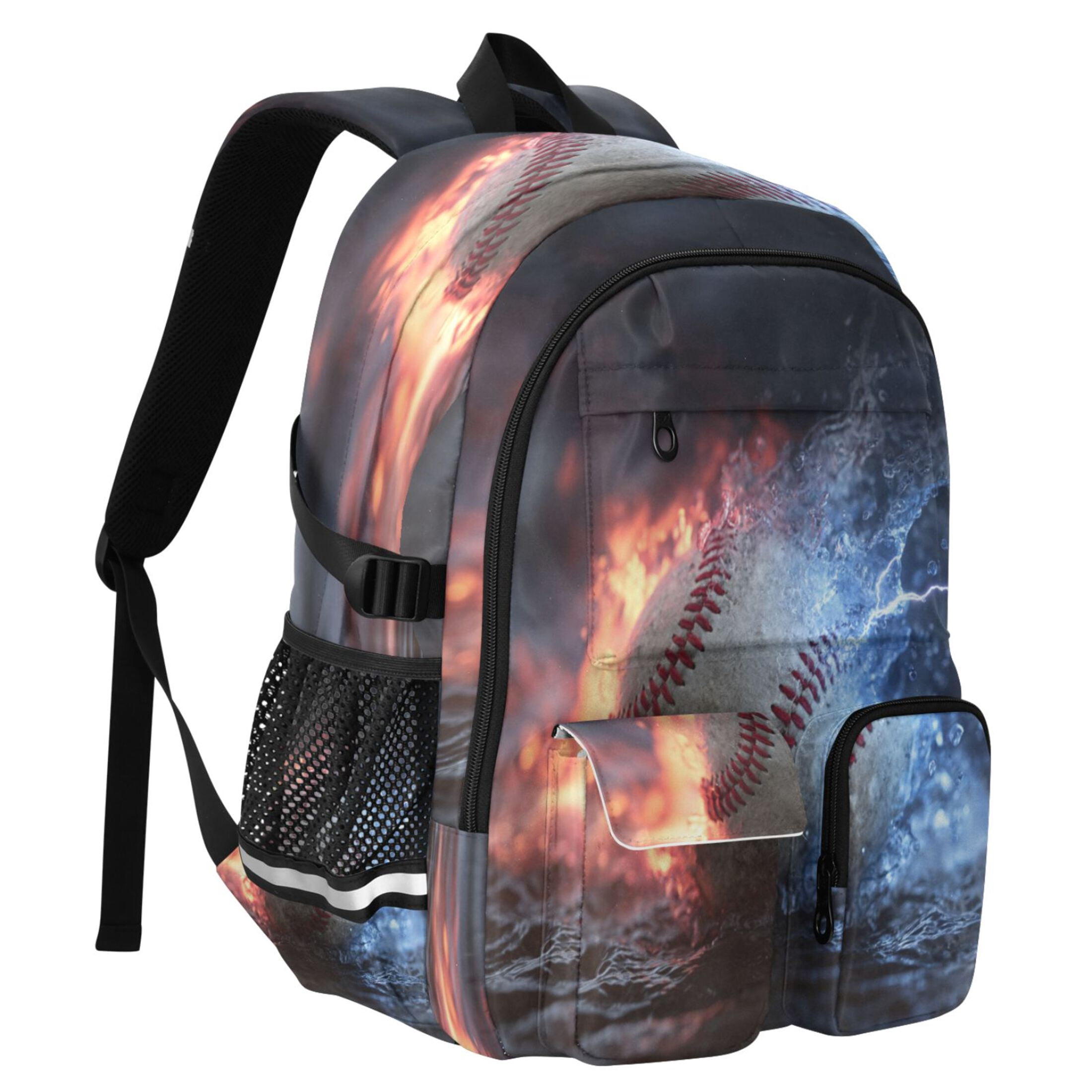 30L Backpack Durable Computer Bag for College & Travel Lightweight Daypack Fits 15.6" Laptop Baseball with Water and Fire