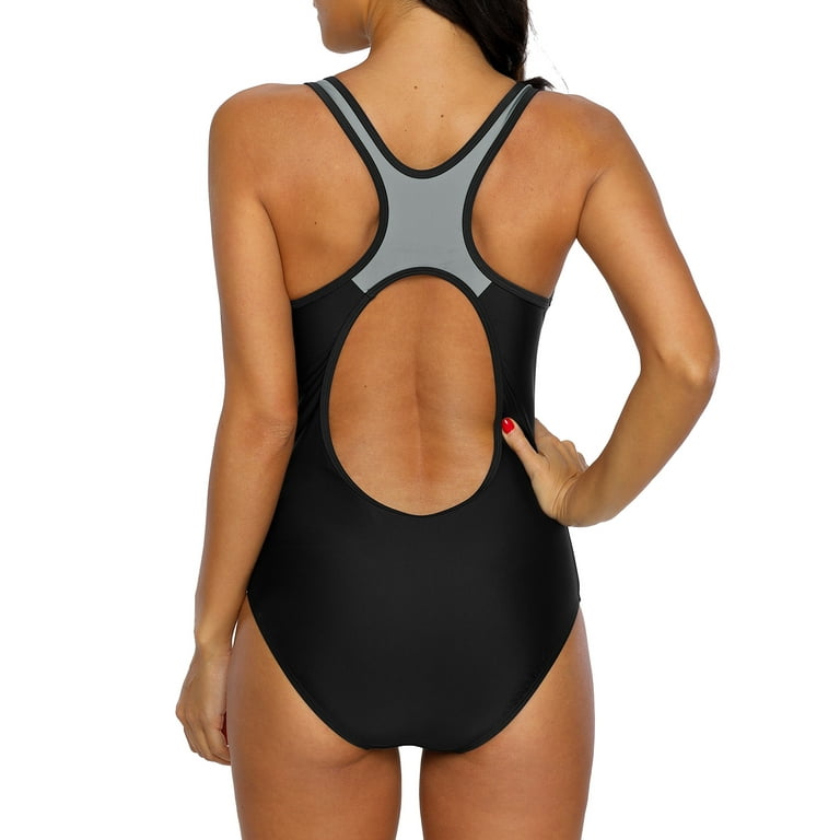Womens Classic Athletic Swimsuits Jumpsuit Racerback Color Block One-Piece  Bathing Suit Training Swimwear Summer Beachwear