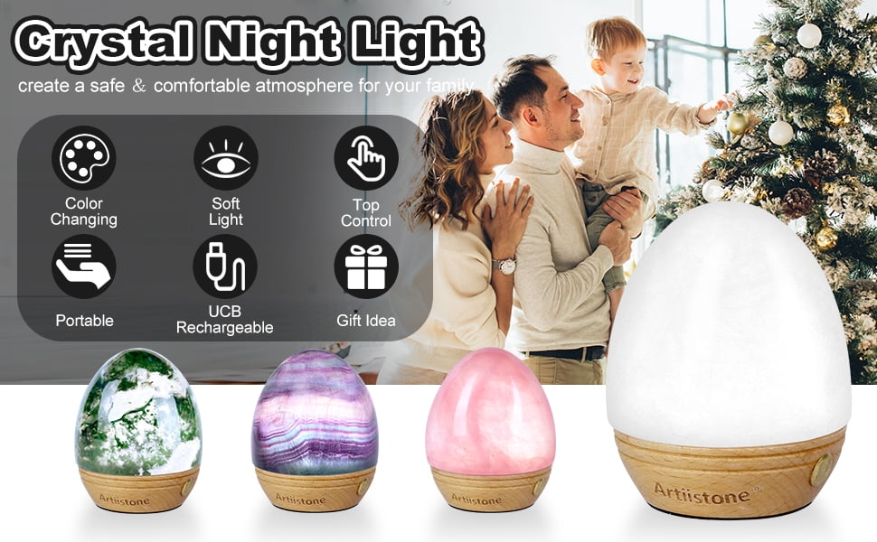 Artistone Clear Quartz Crystal Night Light Carved Gemstone USB Rechargeable Touch Sensor LED Lamp