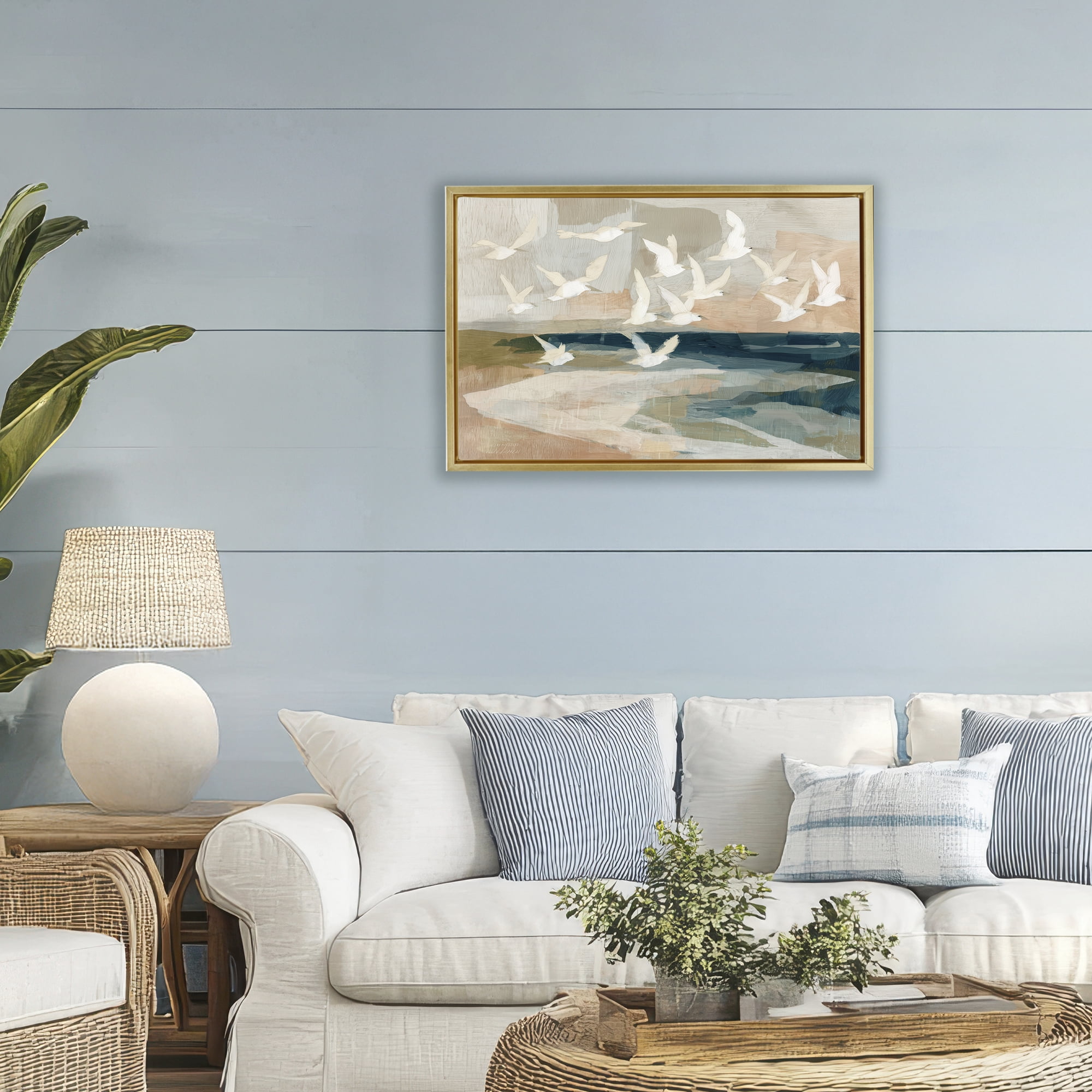 Stupell Industries Birds in Flight Over Water Gold Framed Floater Canvas Wall Art, design by Chromatic Storm Studio