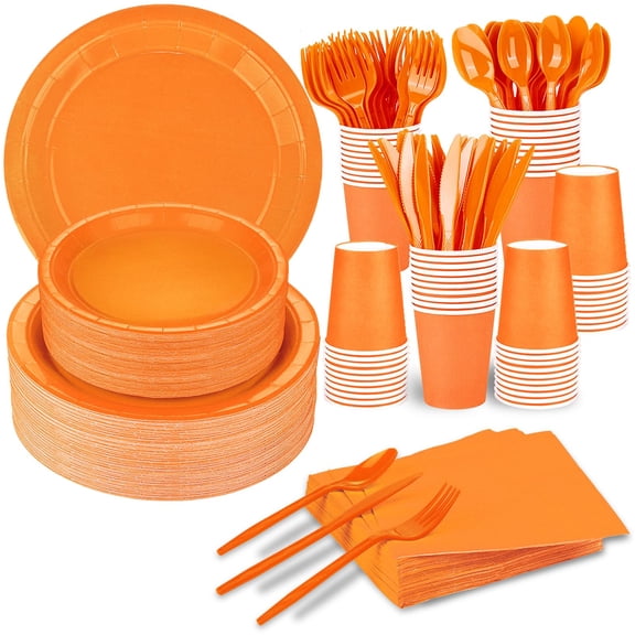 125 Pcs Orange Party Supplies Set Include Paper Plates Cups Napkins Plastic Knives for 25 Guests Disposable Party Dinnerware for Birthday Wedding Family Picnic