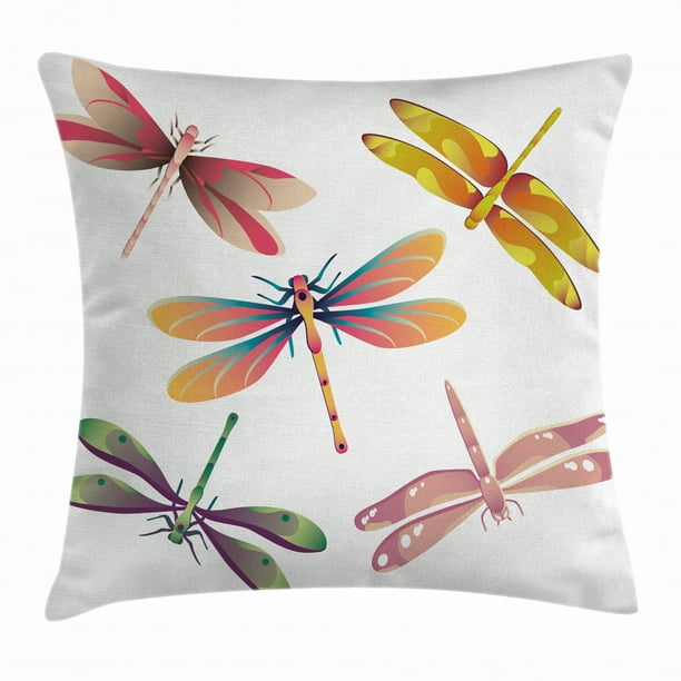 Dragonfly Throw Pillow Cushion Cover, Five Spiritual Bugs in Modern Abstract Pattern Natural
