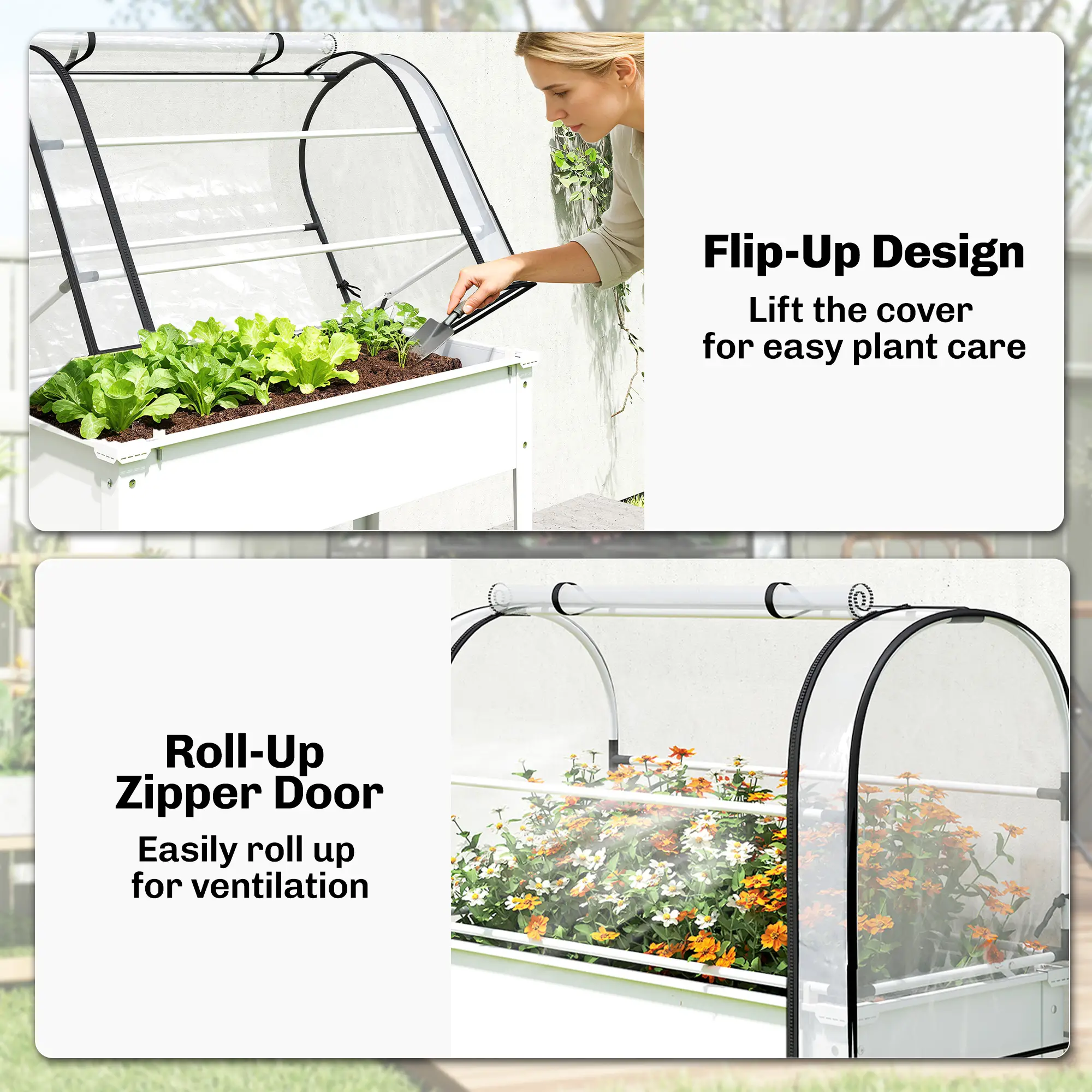 2-in-1 Raised Garden Bed with Mini Greenhouse Cover, Elevated Planter Box with Flip-Up Zippered Door, 0.6mm Rustproof Metal, Drainage Hole, 176 Lbs Capacity for Outdoor Plants