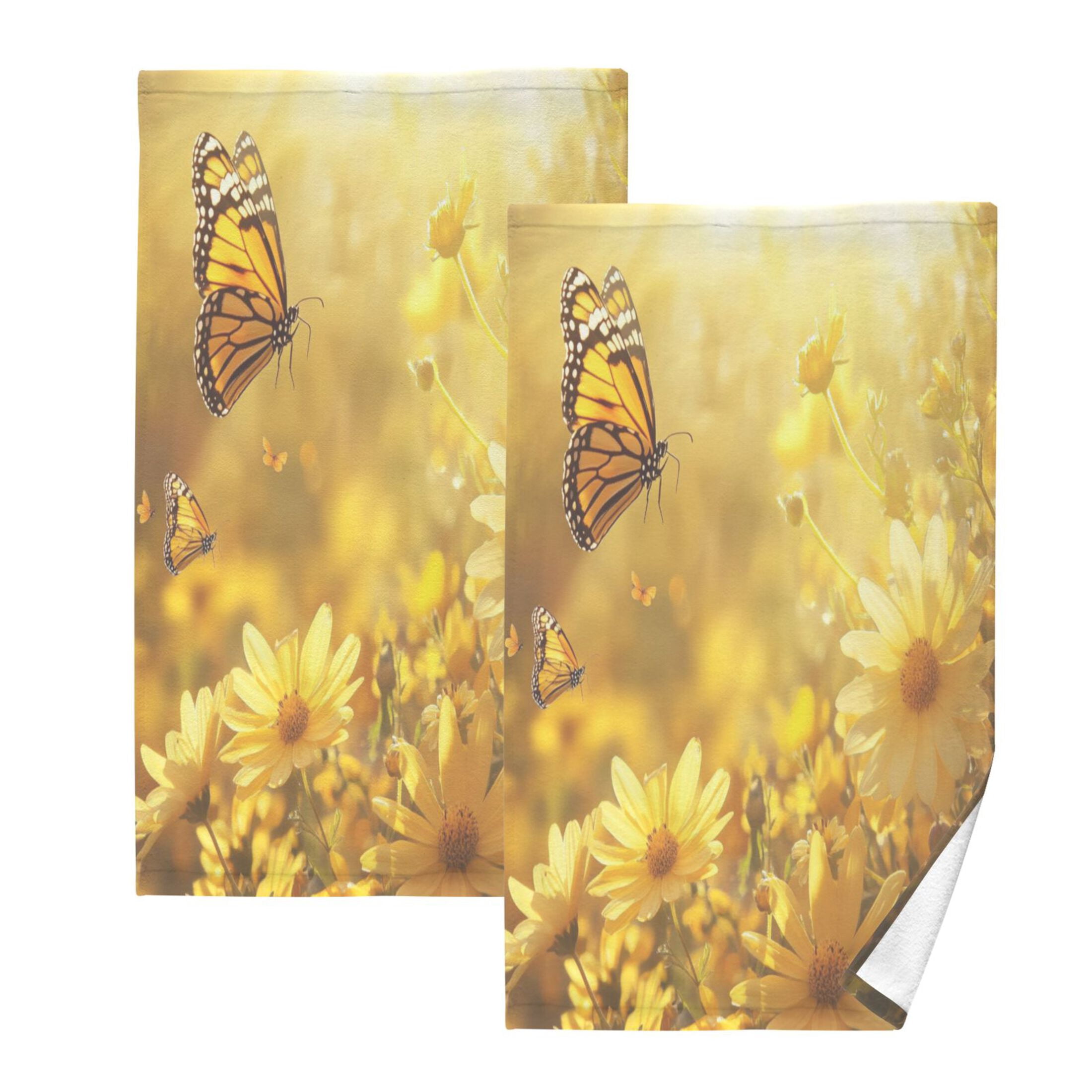 2 Pcs Absorbent Face Towel Bath Hand Towels Soft Breathable Cotton Towel Set for Bathroom Kitchen Hotel Spa Decor Yellow Flowers and Butterfly