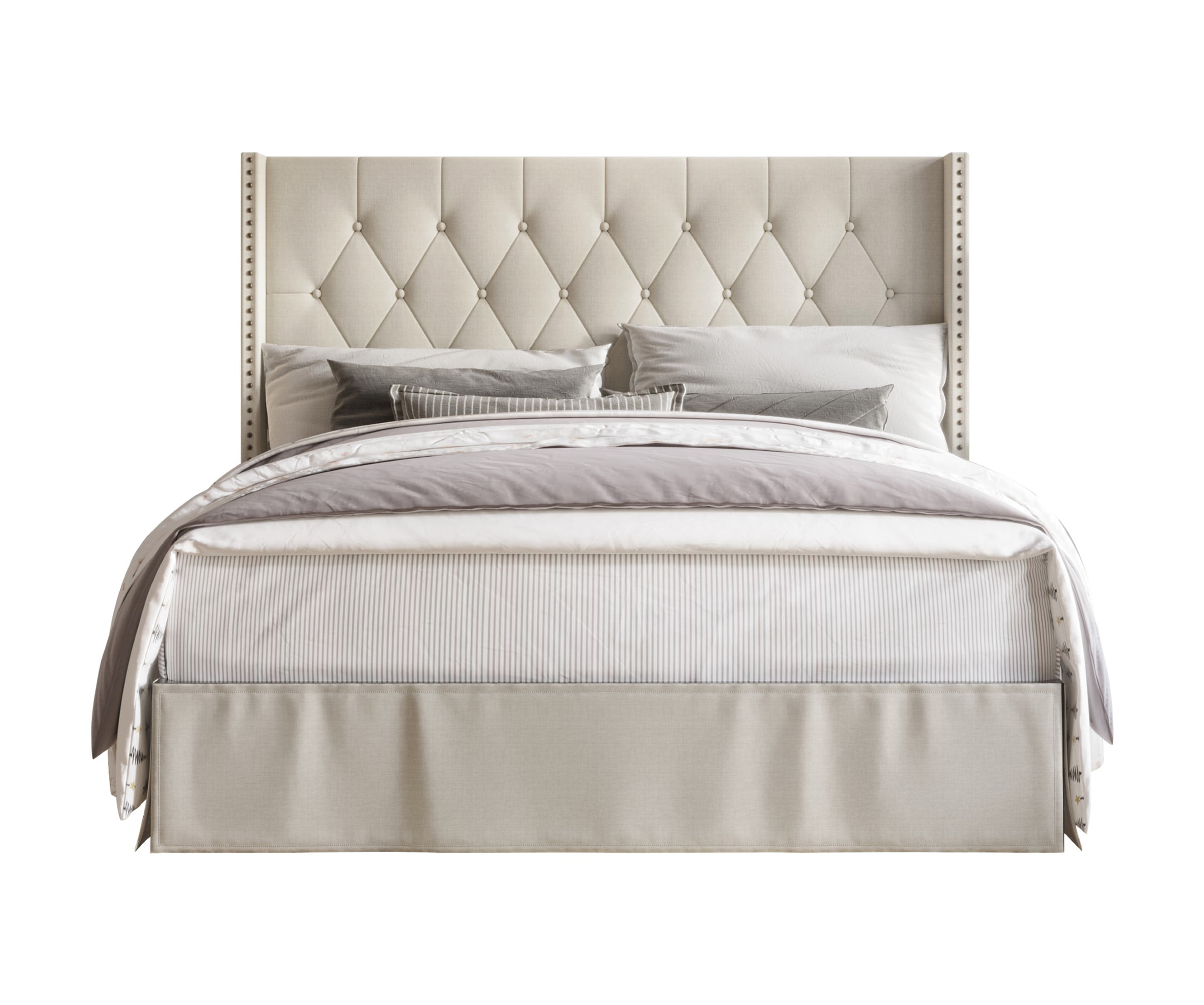 Home Design Billy Queen Upholstered Panel Bed Frame with 2 Nightstands, Warm Gray/Light Gray