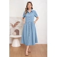 thumbnail image 2 of utcoco Womens Denim Dress Lapel Short Sleeve Frayed Hem Jean Dresses Oversized Button Down A Line Shirt Dress, 2 of 7